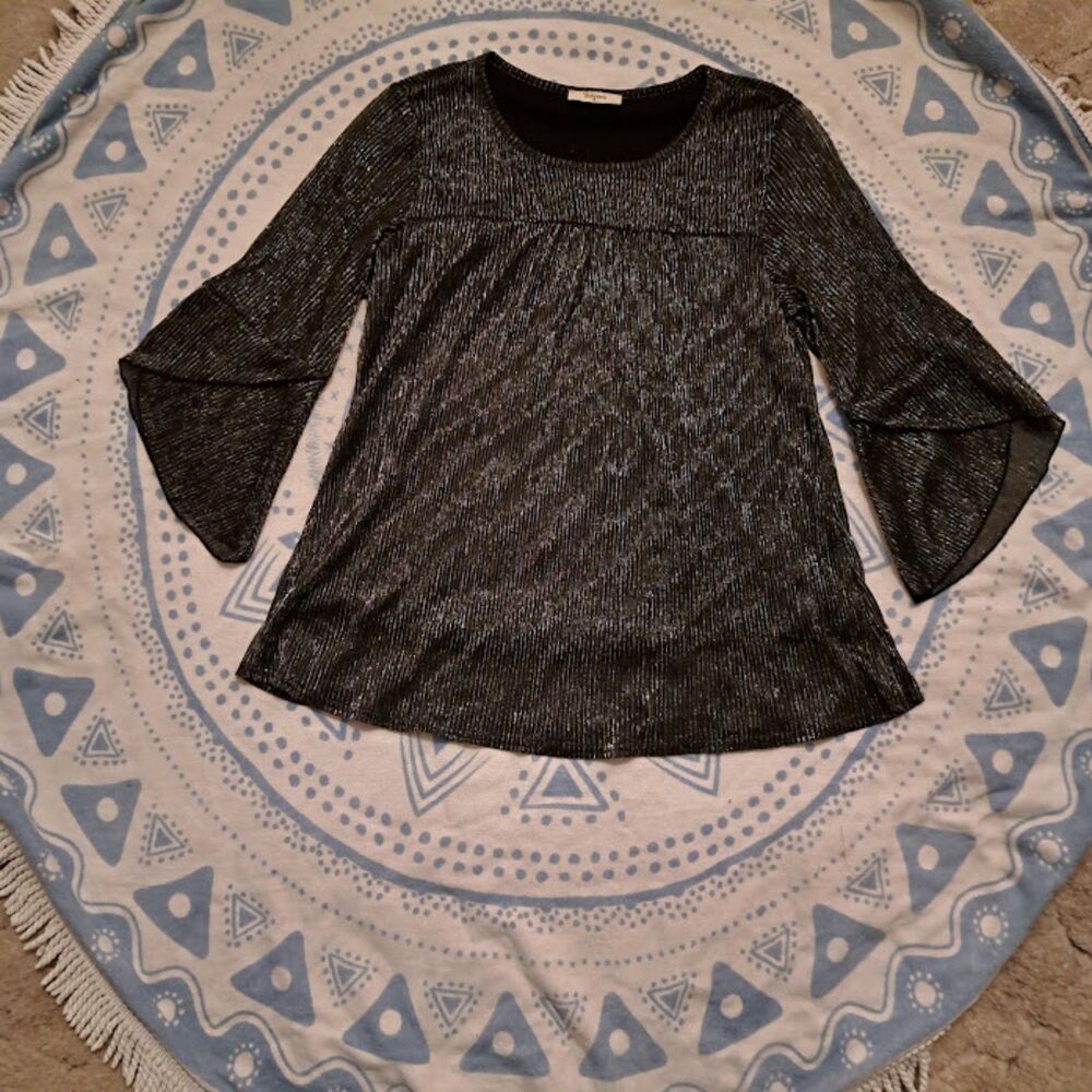 Whimsical Bebonnie Black & Silver Metallic Shimmer Bell Sleeve Blouse